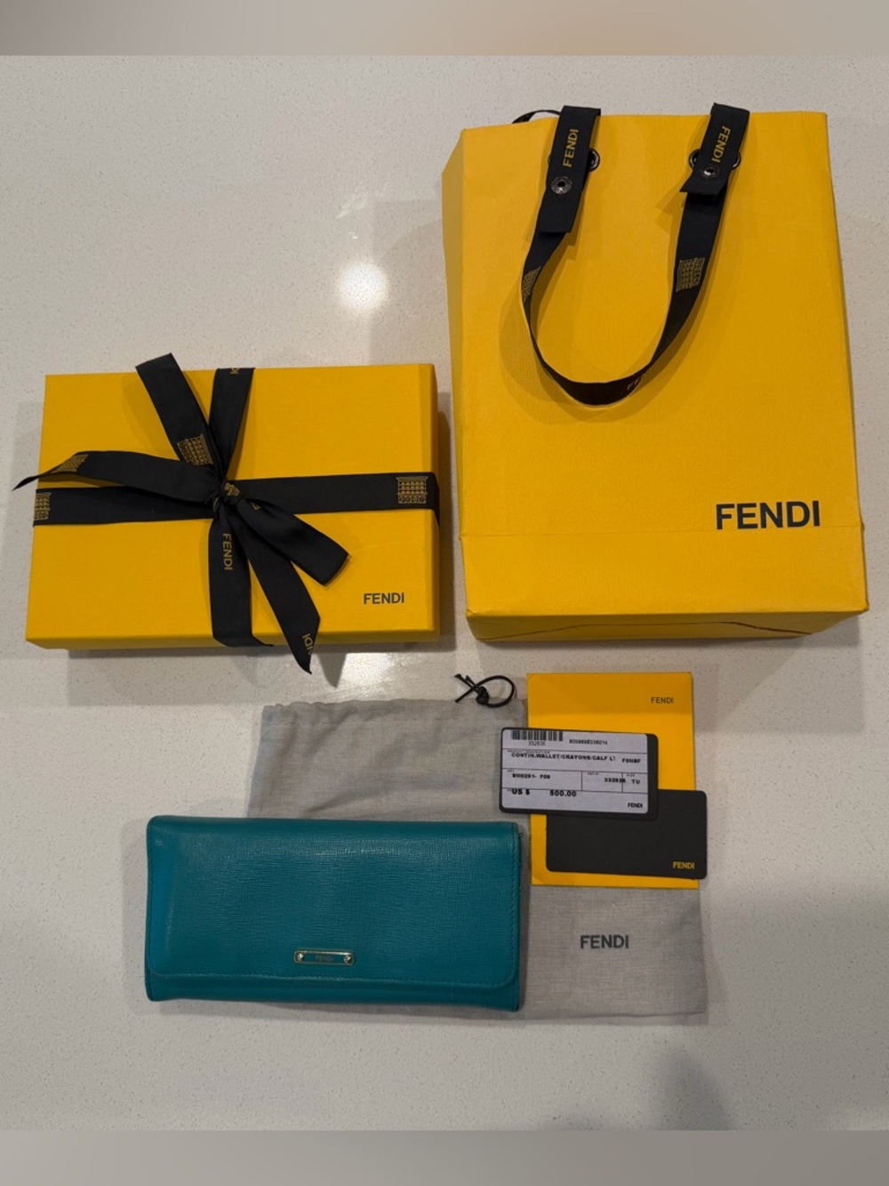Fendi Teal Leather Continental Wallet with Yellow Fendi Box, Bag, and Dustbag